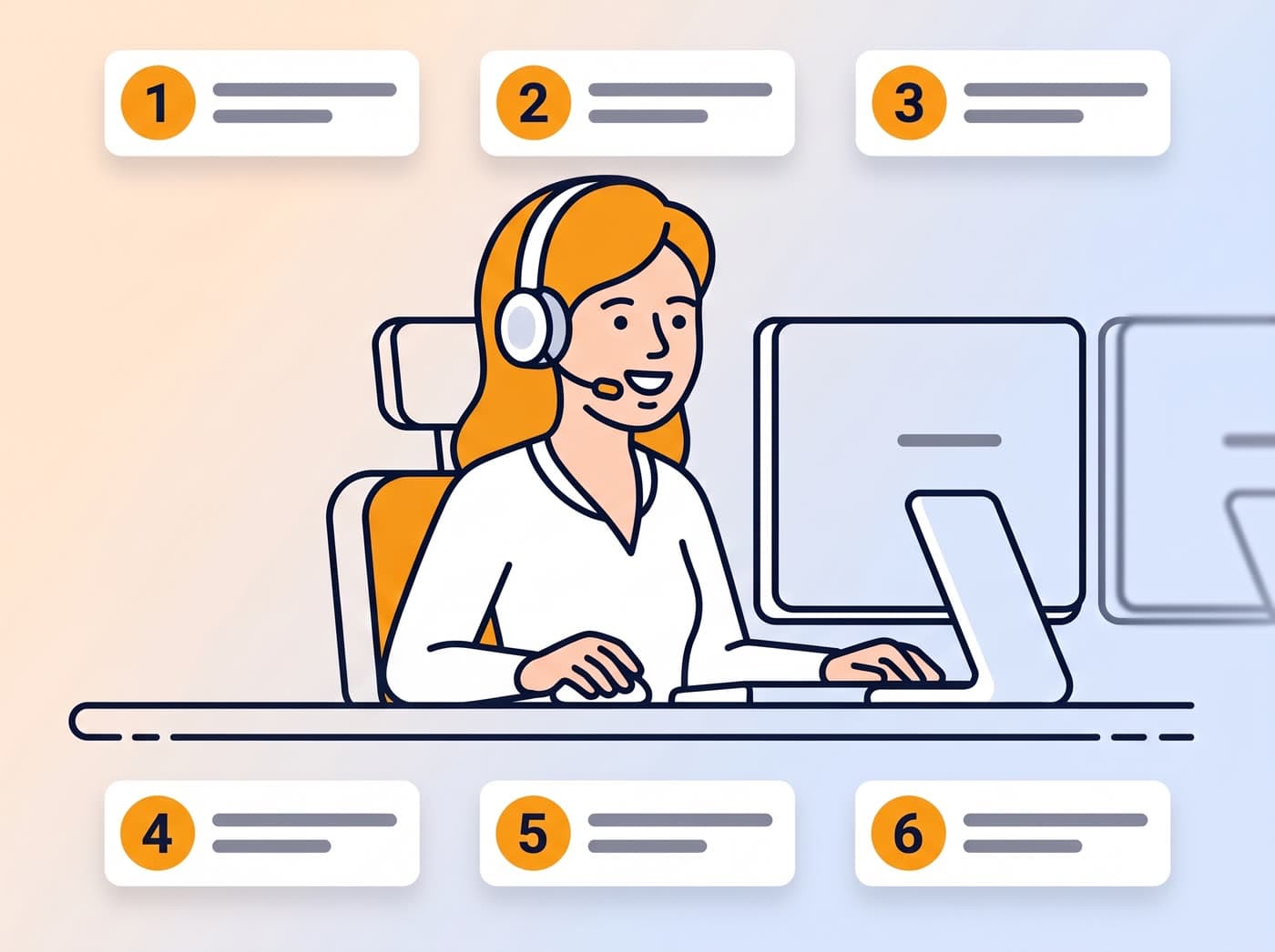 An agent on a headset, with six numbered pop-ups matching the six advantages below