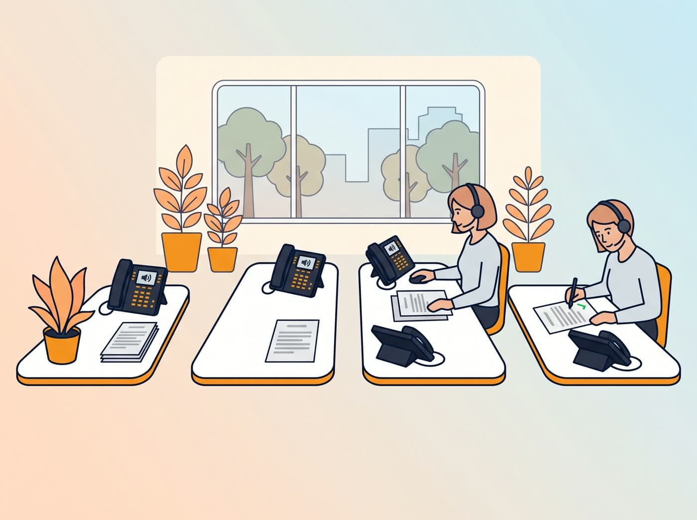 An independent insurance agency floor, each desk with a Poly phone