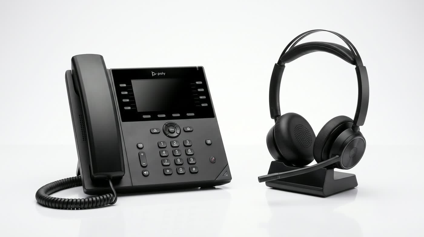 Poly Edge desk phone and Voyager Focus headset