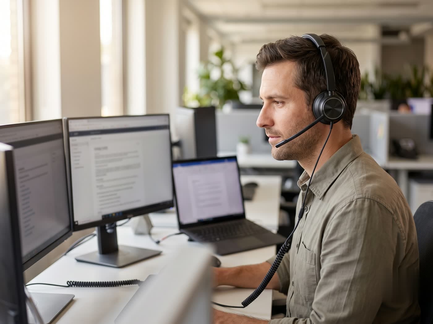 An EcoLink engineer on a headset at their desk