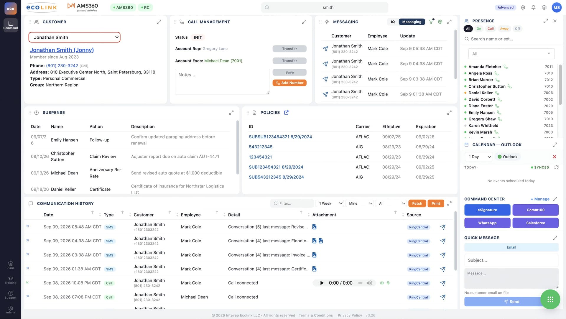 The EcoLink One user dashboard with AMS360, on demo data: the customer record, call management, messaging, suspense, policies and communication history on one screen, with presence, the Outlook calendar and Command Center beside them.