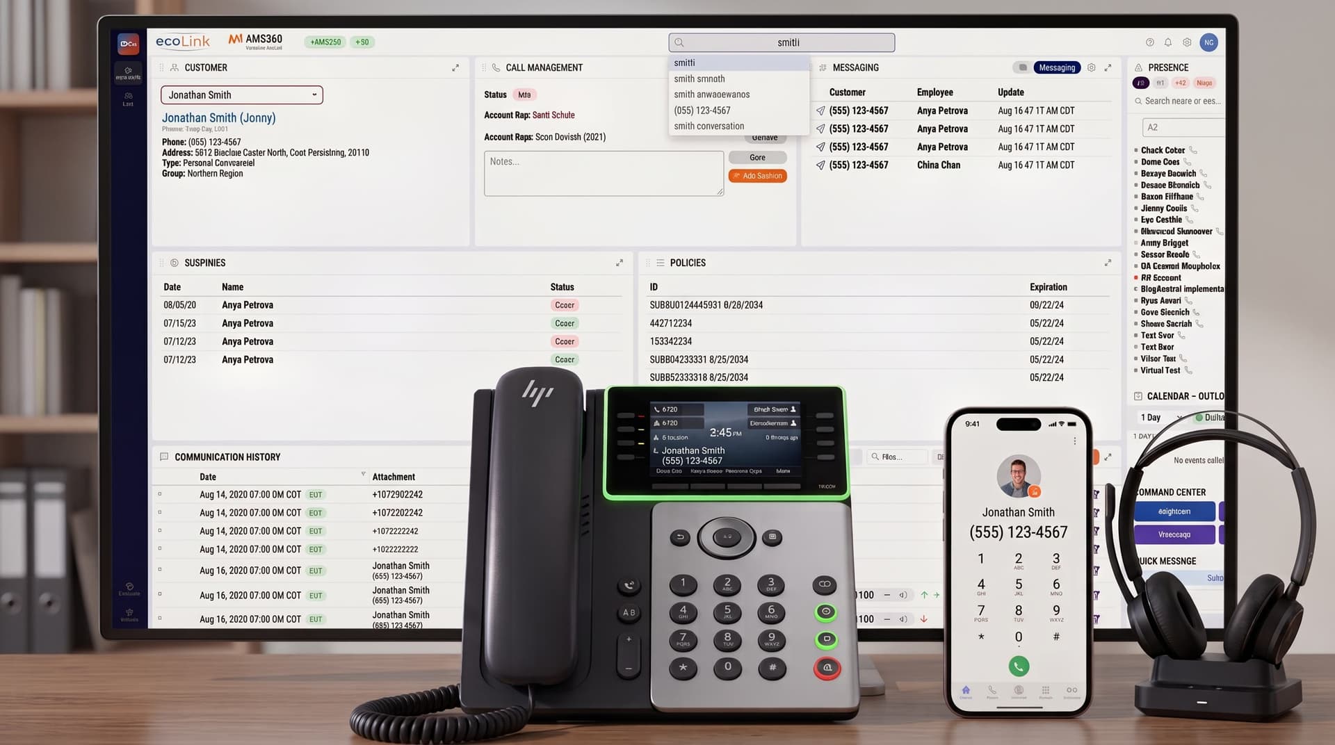 EcoLink on a desktop monitor beside an HP desk phone, the mobile dialler and a Bluetooth headset